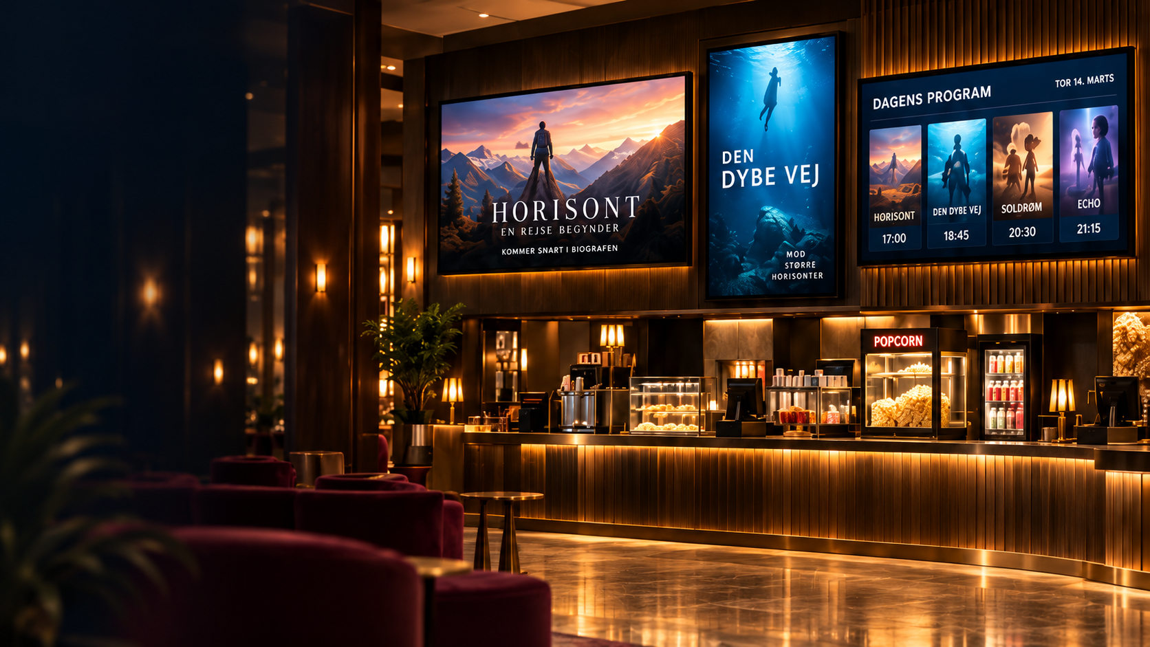 Biograffoyer med digitale filmplakater, dagens program og en oplyst popcornkiosk